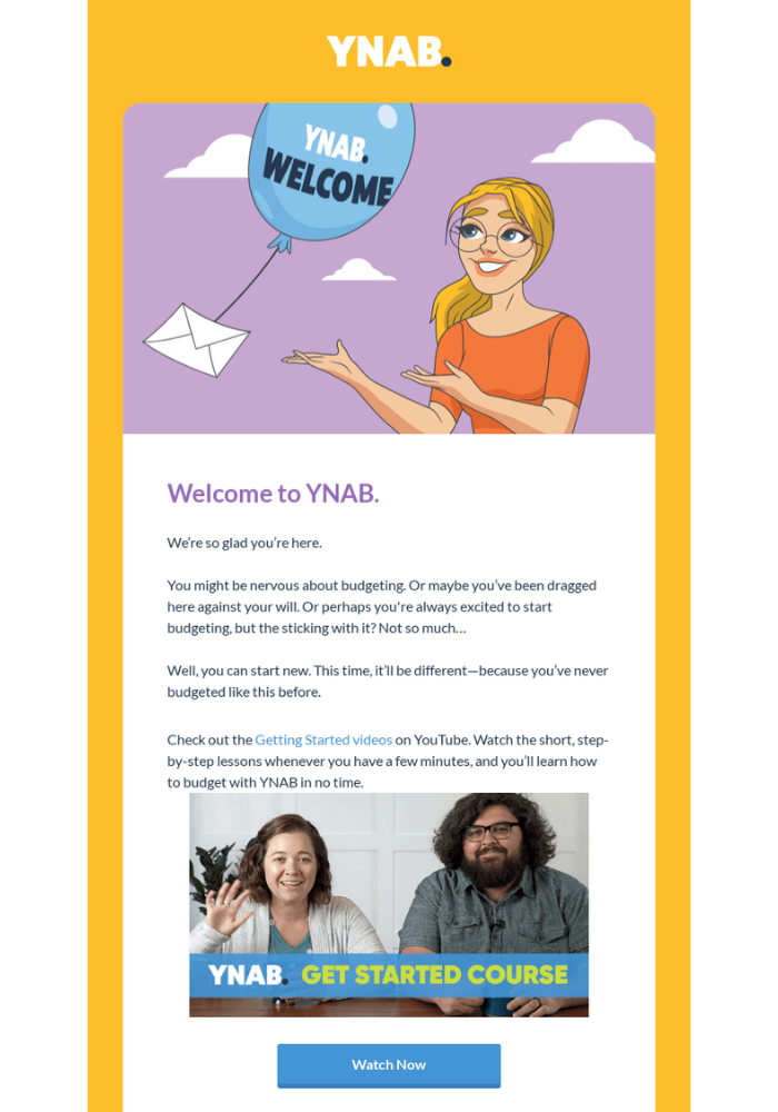 Example welcome email from YNAB